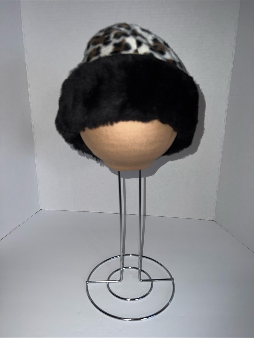 Faux Fur Leopard Trim Winter Hat - Black and Leopard Print